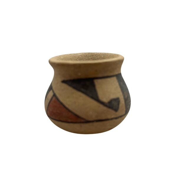 Vintage Handmade Miniature Clay Pot Geometric Painted Design Rounded Bottom - Picture 3 of 8
